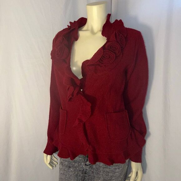 Susan Bristol 100% Wool Red Ruffle Rose Cardigan Jacket L — Textured Boho Cottag - Picture 7 of 12